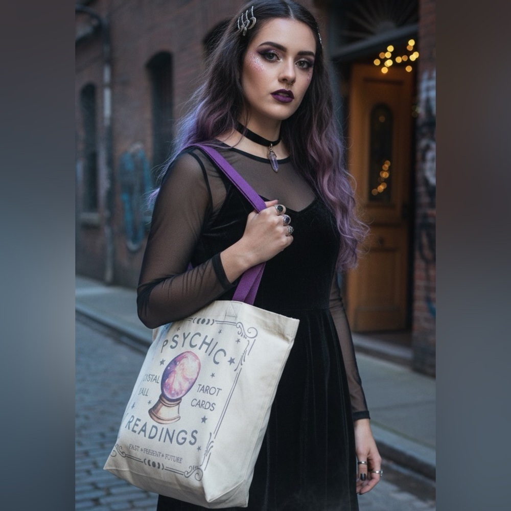 Psychic Readings Cream Tote Bag with Purple Handles